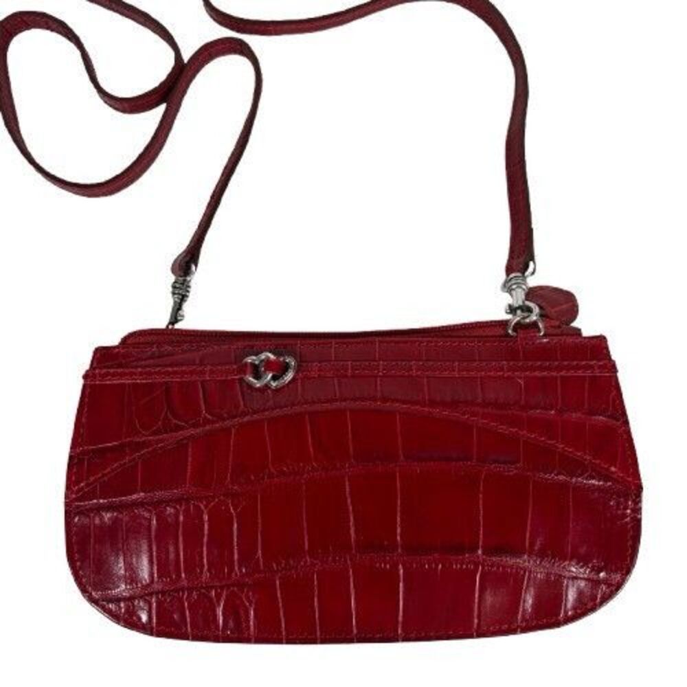 New Brighton Red Embossed Crock Leather Crossbody Shoulder Evening Bag w/Hearts